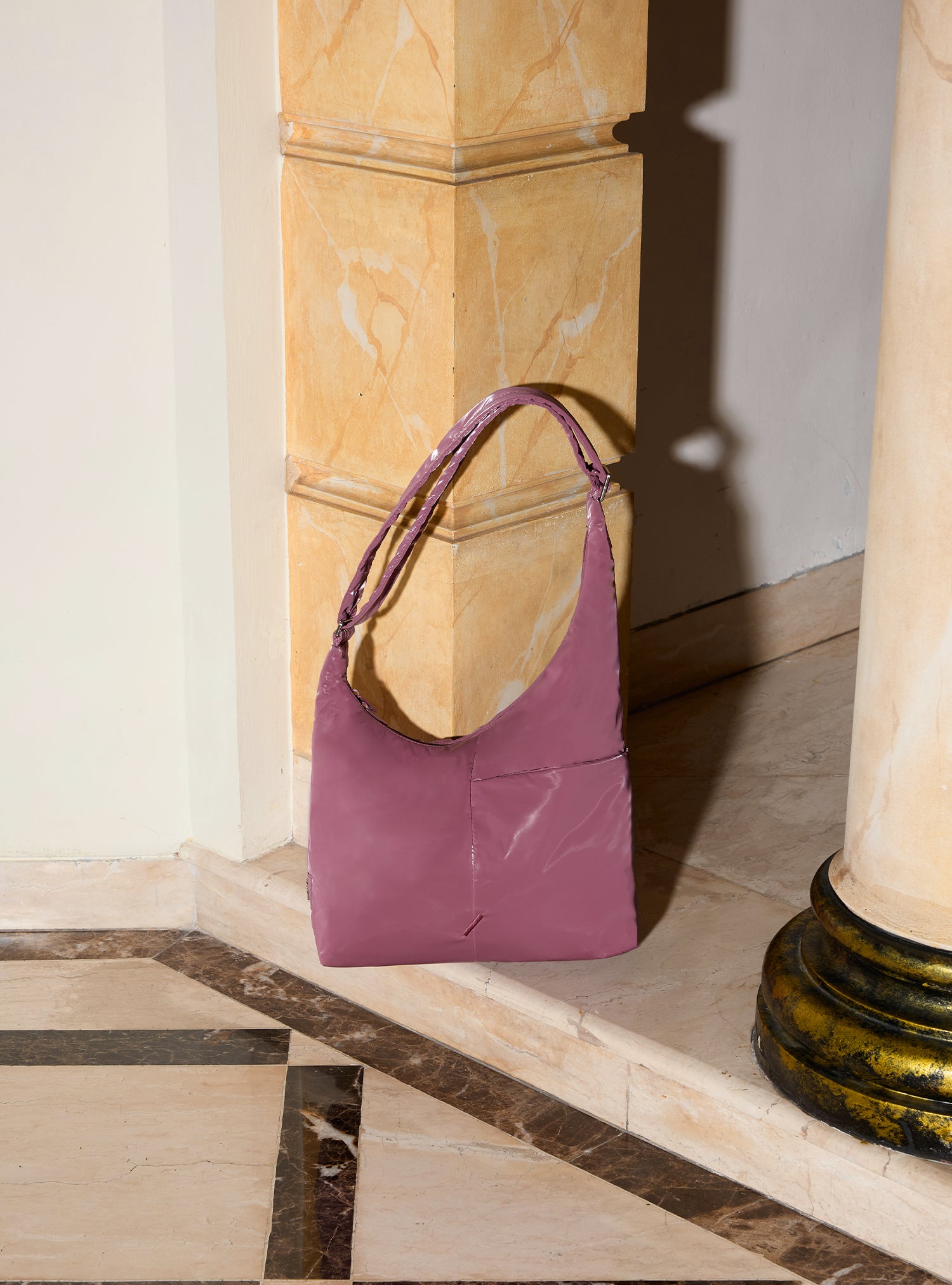 The Midi Arc slouchy hobo bag in rouge pink polyester for work, travel and everyday use