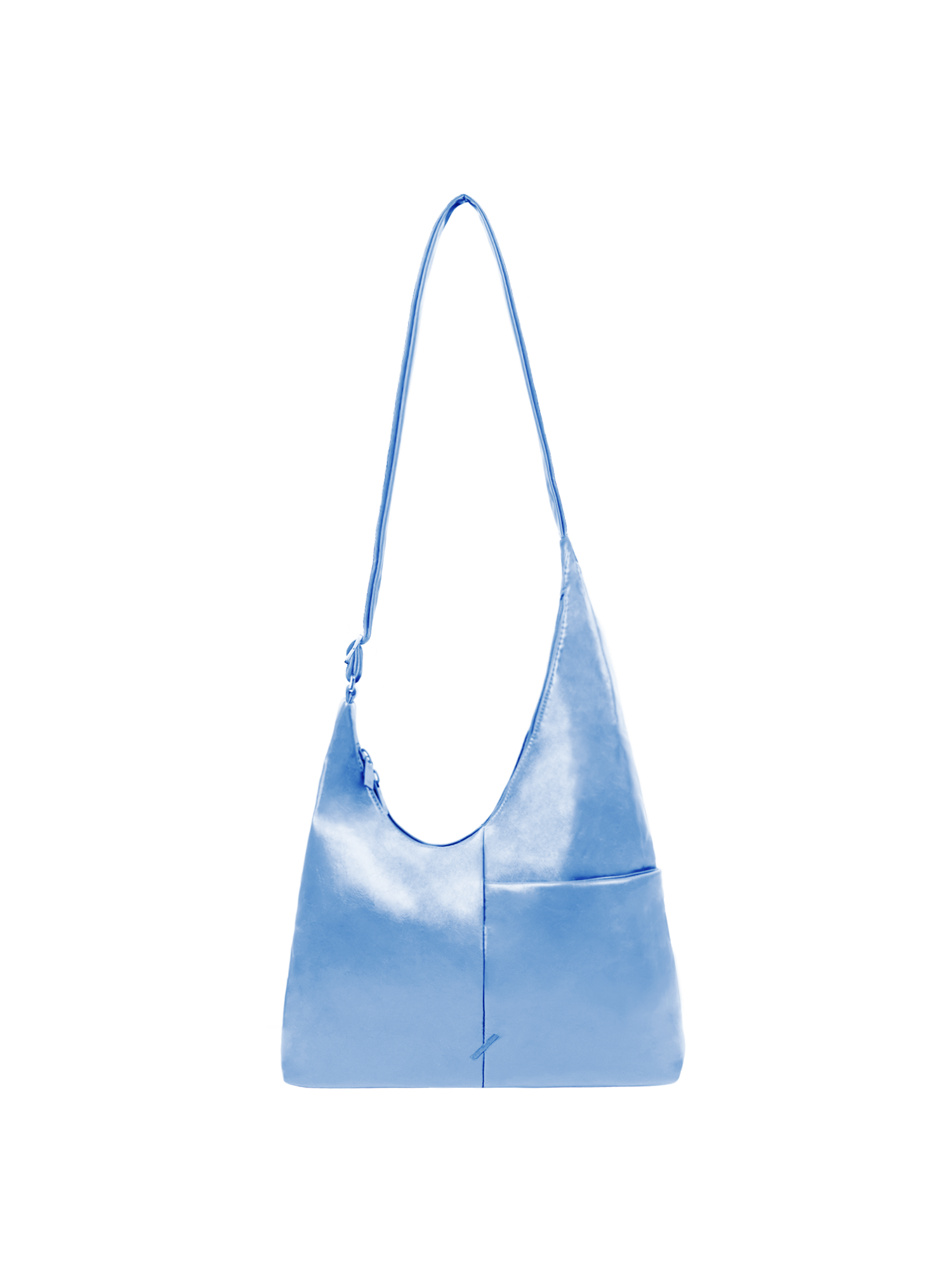 The Midi Arc slouchy hobo bag in island blue vegan leather with adjustable strap for shoulder or crossbody wear