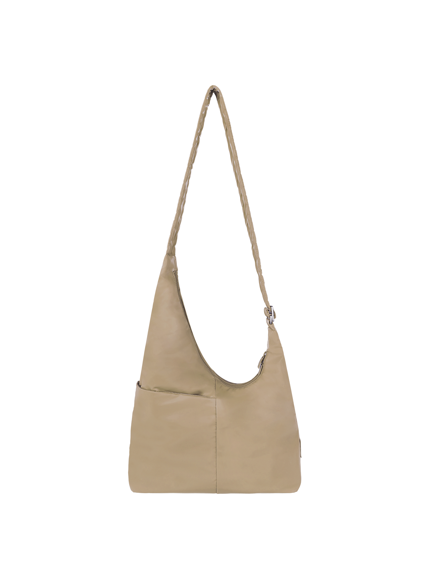 The Midi Arc slouchy hobo bag in camel beige polyester with adjustable strap for shoulder or crossbody wear