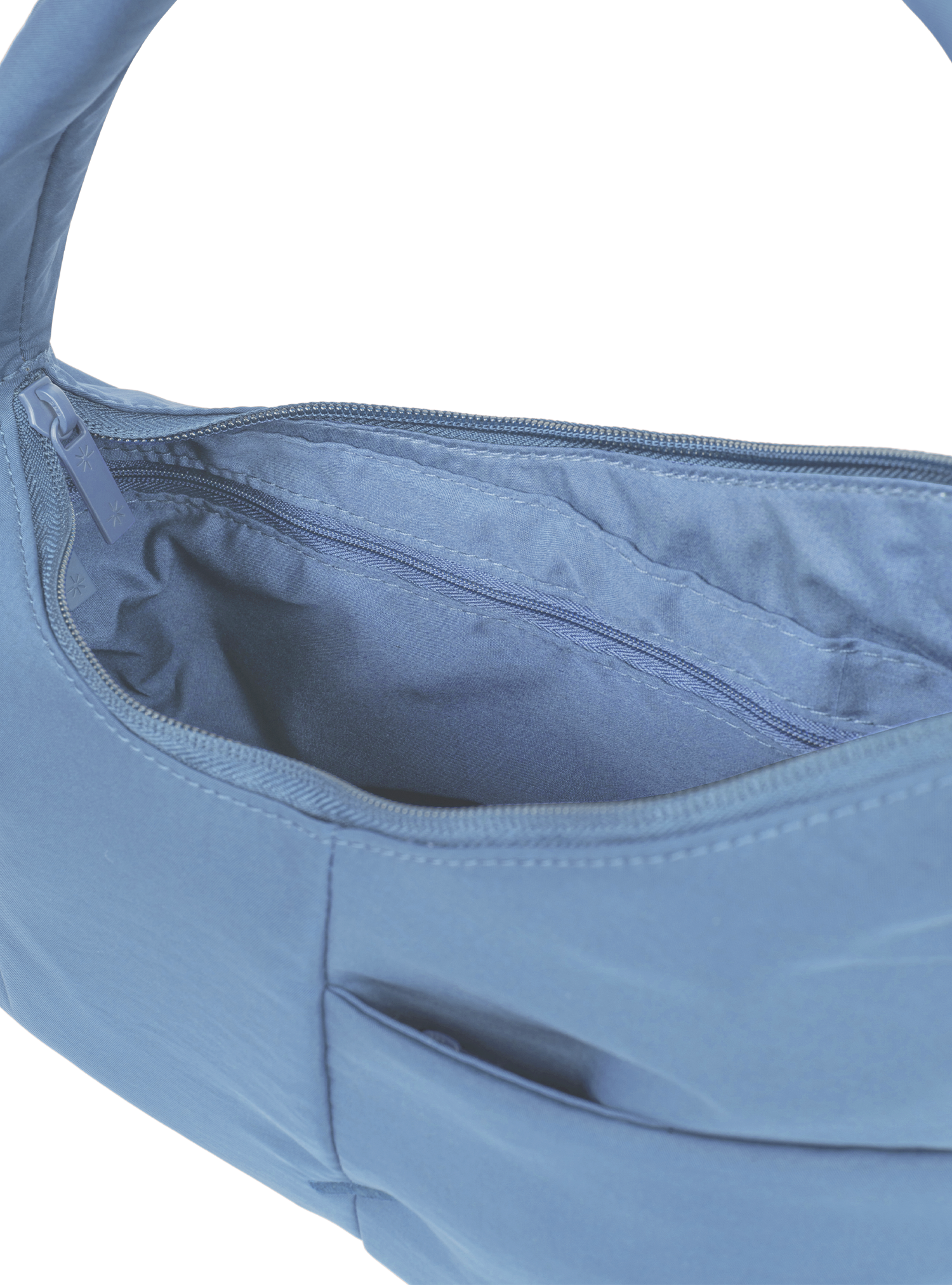 Interior of the Mini Arc hobo-style shoulder bag in grey blue nylon, with zipped interior pocket
