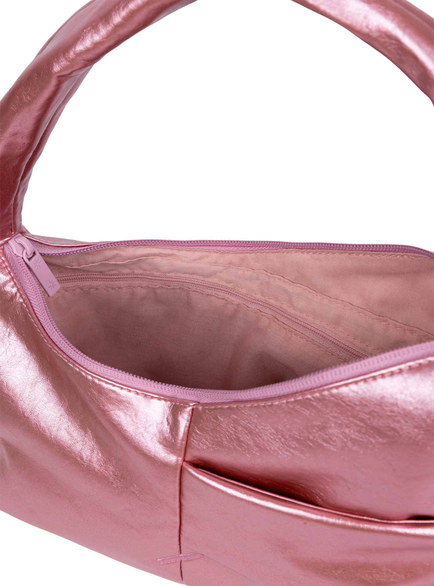 Interior of the Mini Arc hobo-style shoulder bag in metallic pink vegan leather, with zipped interior pocket