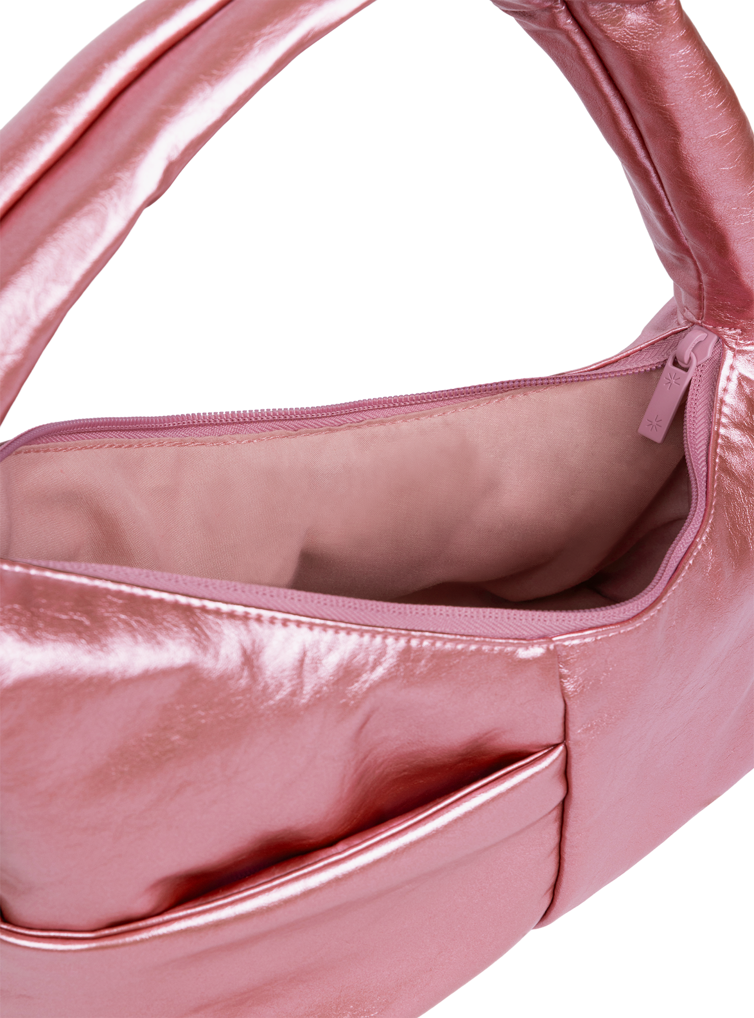 Interior of the Mini Arc hobo-style shoulder bag in metallic pink vegan leather, with multiple pockets