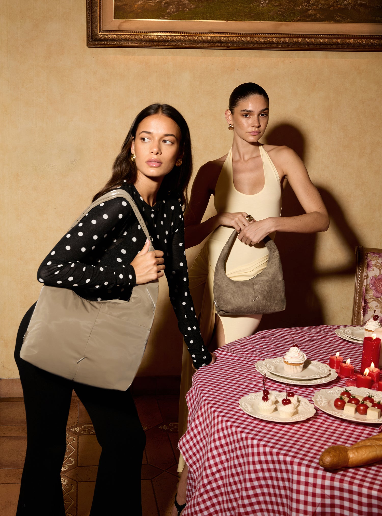 Woman carrying the Midi Arc slouchy hobo bag in camel beige polyester for work, travel and everyday use
