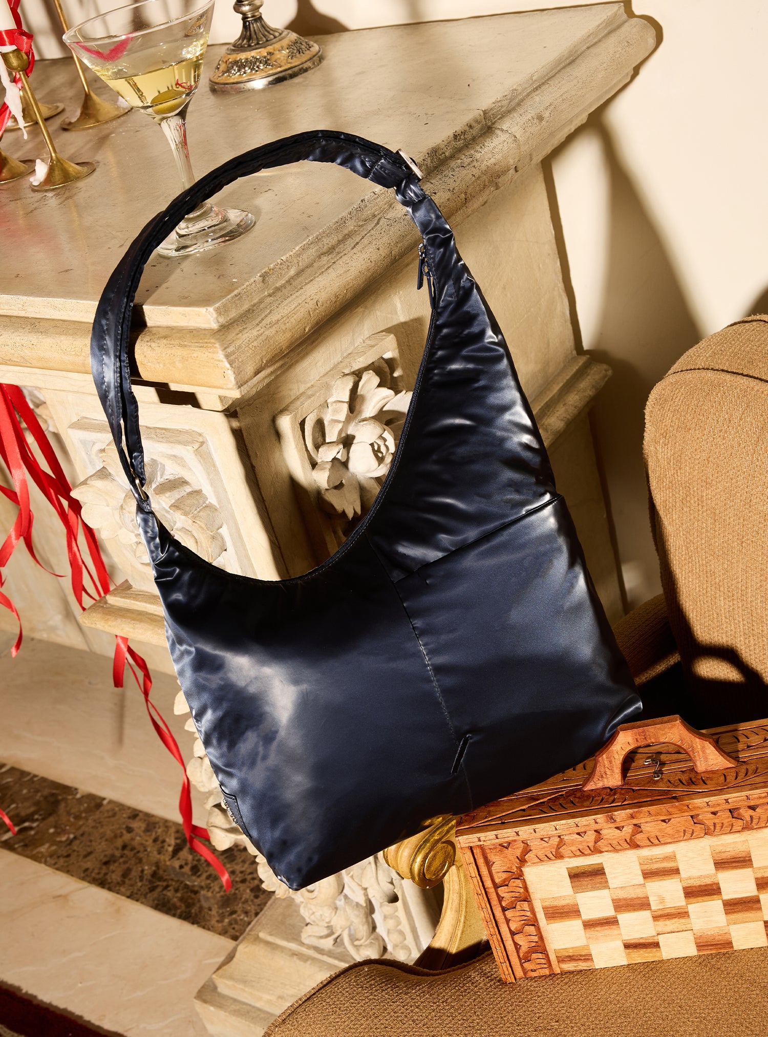 The Midi Arc slouchy hobo bag in dark navy polyester for work, travel and everyday use