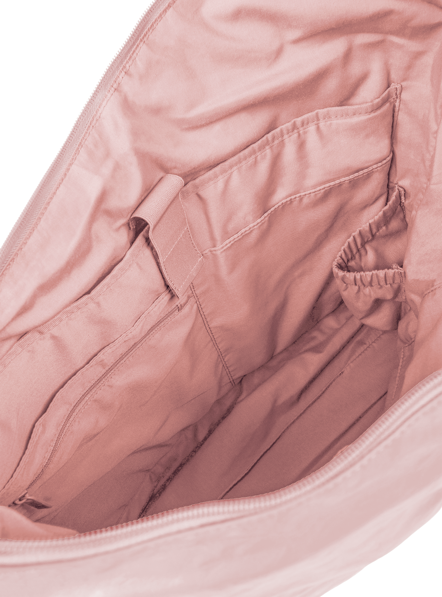 Interior of the Arc hobo-style bag in pale pink vegan leather, with laptop compartment