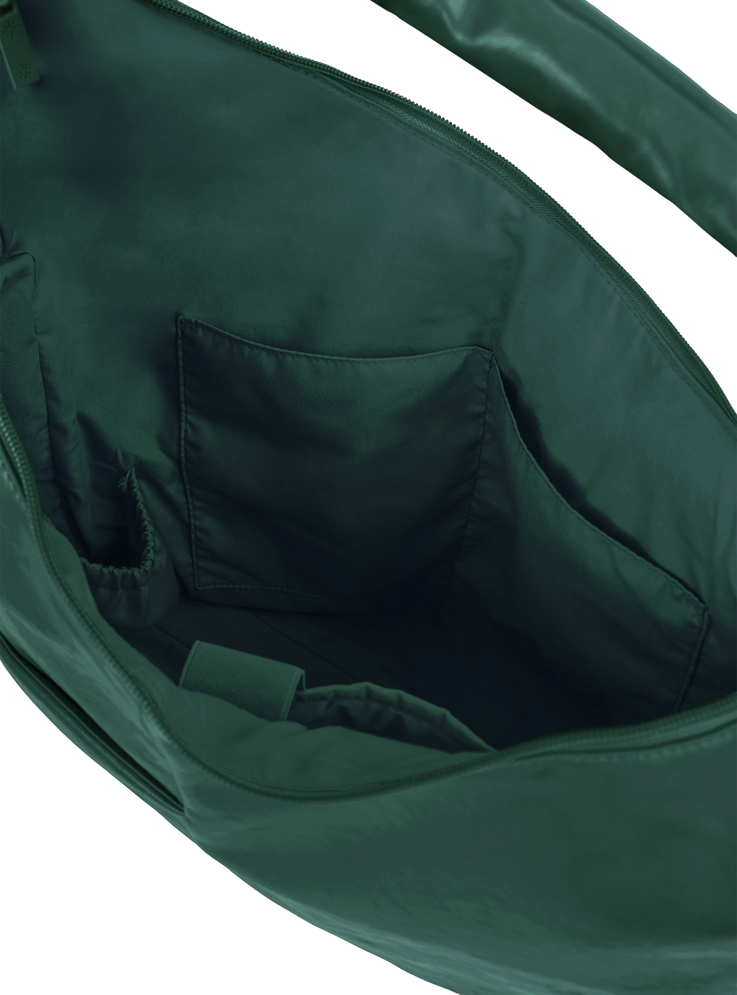 Interior of the Arc hobo-style bag in forest green vegan leather, with multiple pockets and a bottle holder