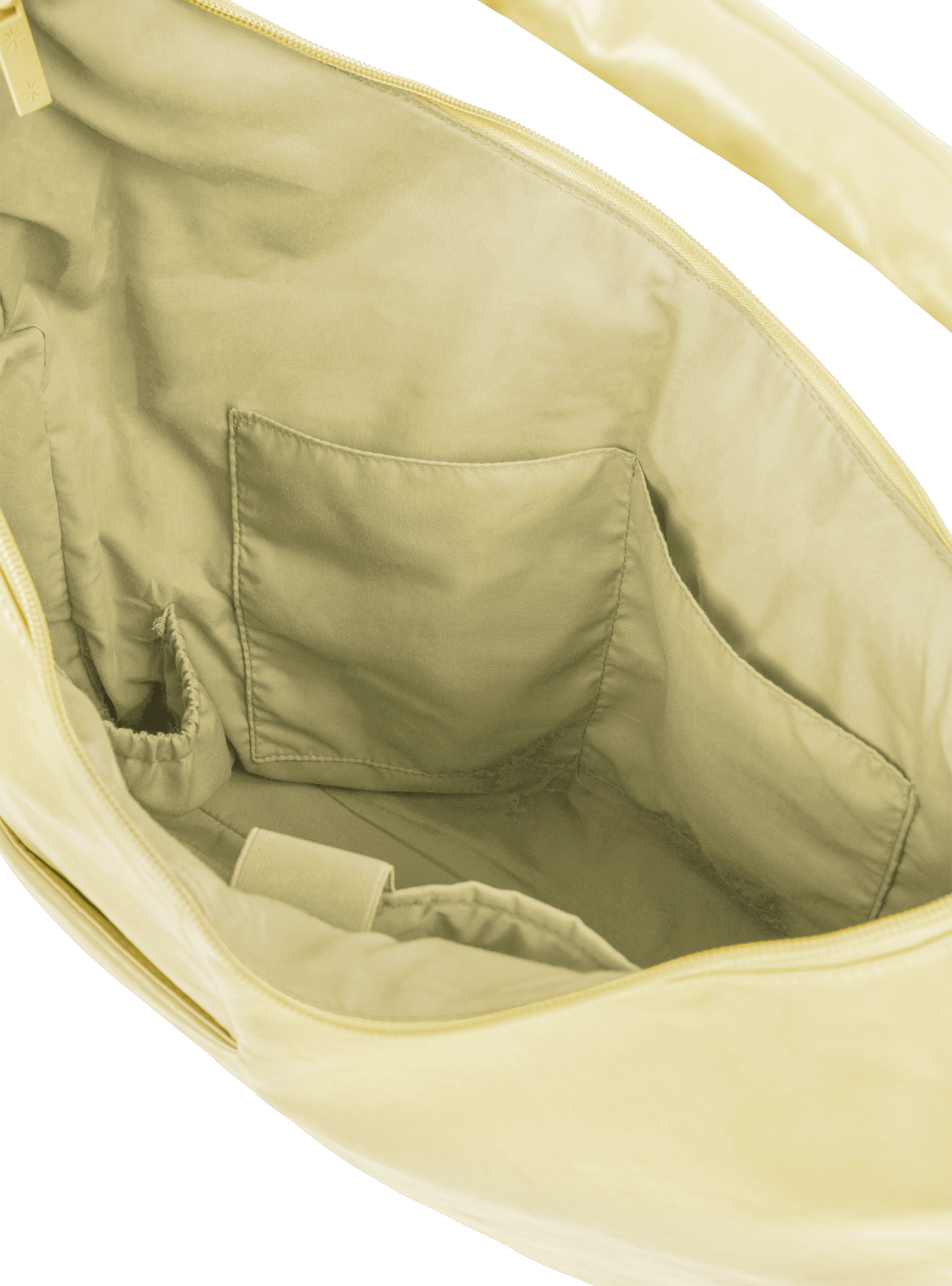 Interior of the Arc hobo-style bag in pale yellow vegan leather, with multiple pockets and bottle compartment