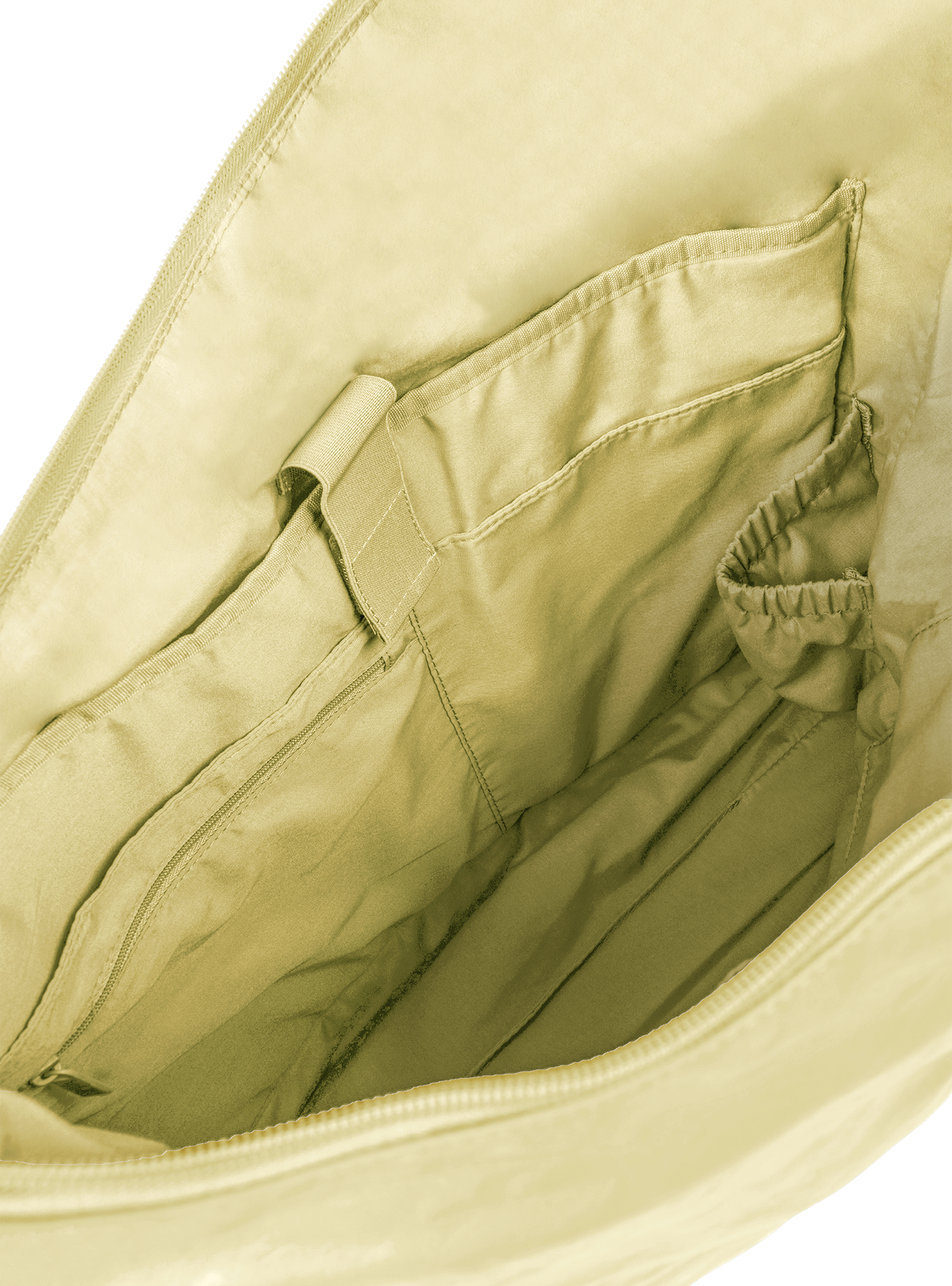 Interior of the Arc hobo-style bag in pale yellow vegan leather, with laptop compartment