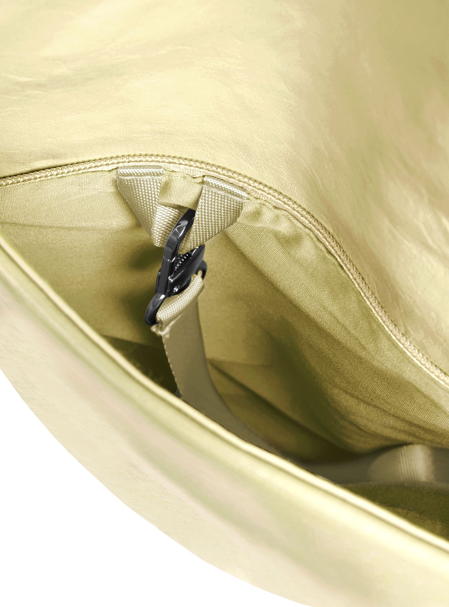 Exterior pocket of the Arc hobo-style bag in pale yellow vegan leather, with concealed snap loop