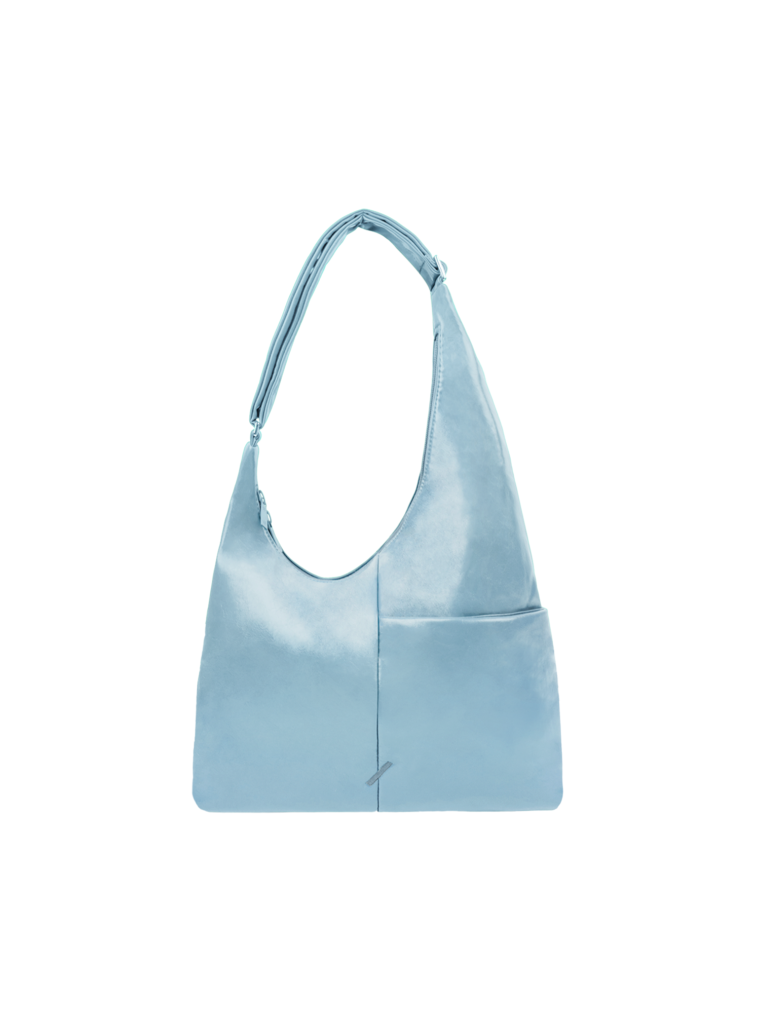 The Midi Arc slouchy hobo-style bag in pale blue vegan leather with adjustable shoulder strap