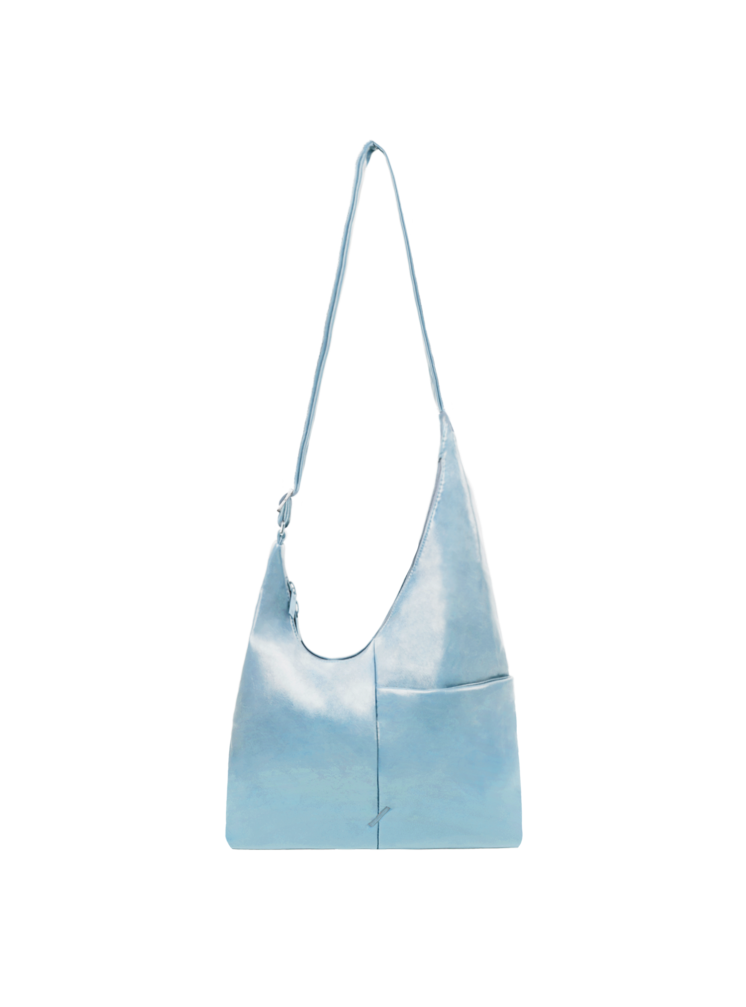 The Midi Arc slouchy hobo bag in pale blue vegan leather with adjustable strap for shoulder or crossbody wear