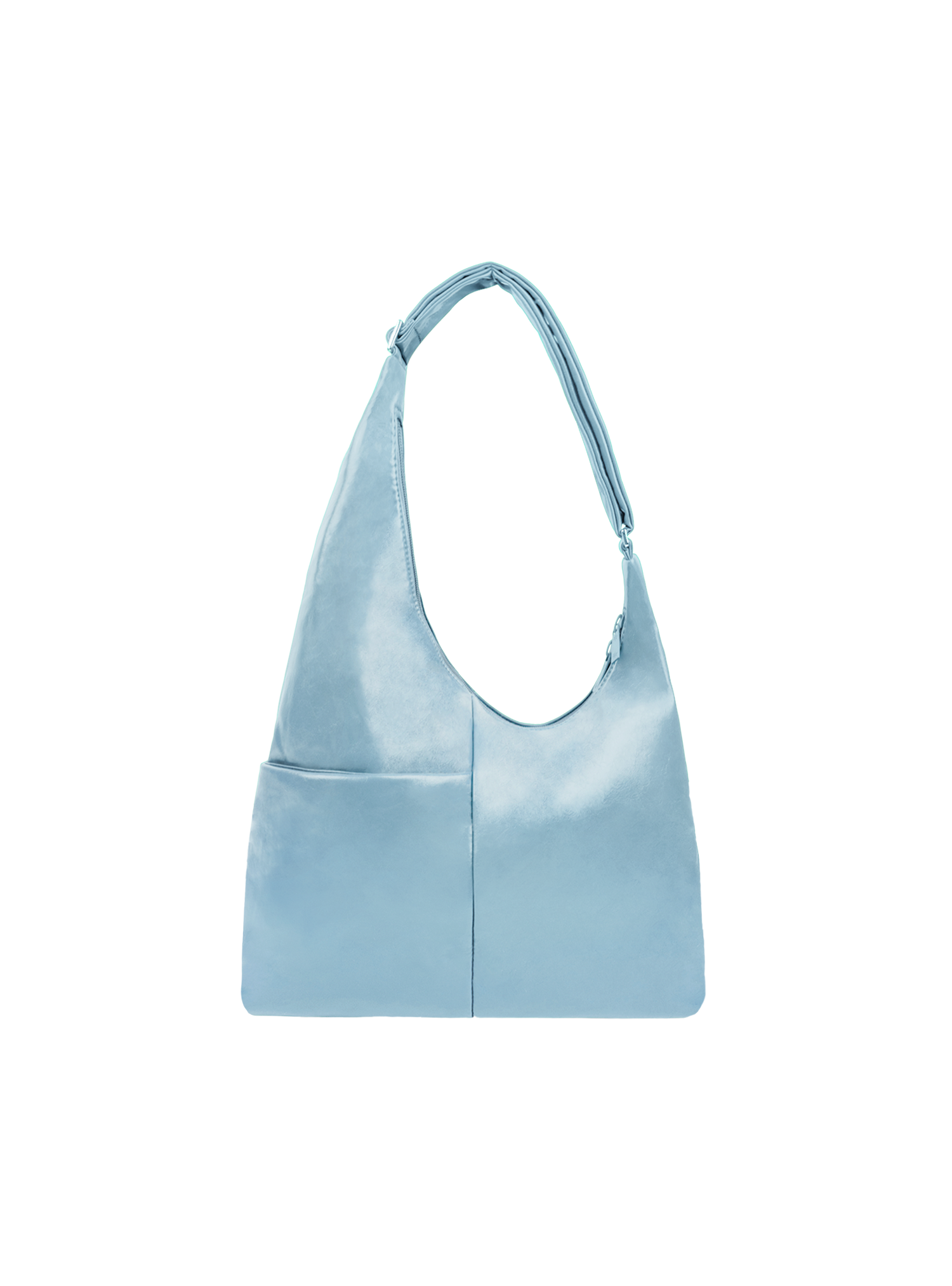 The Midi Arc slouchy hobo-style bag in pale blue vegan leather with exterior pockets