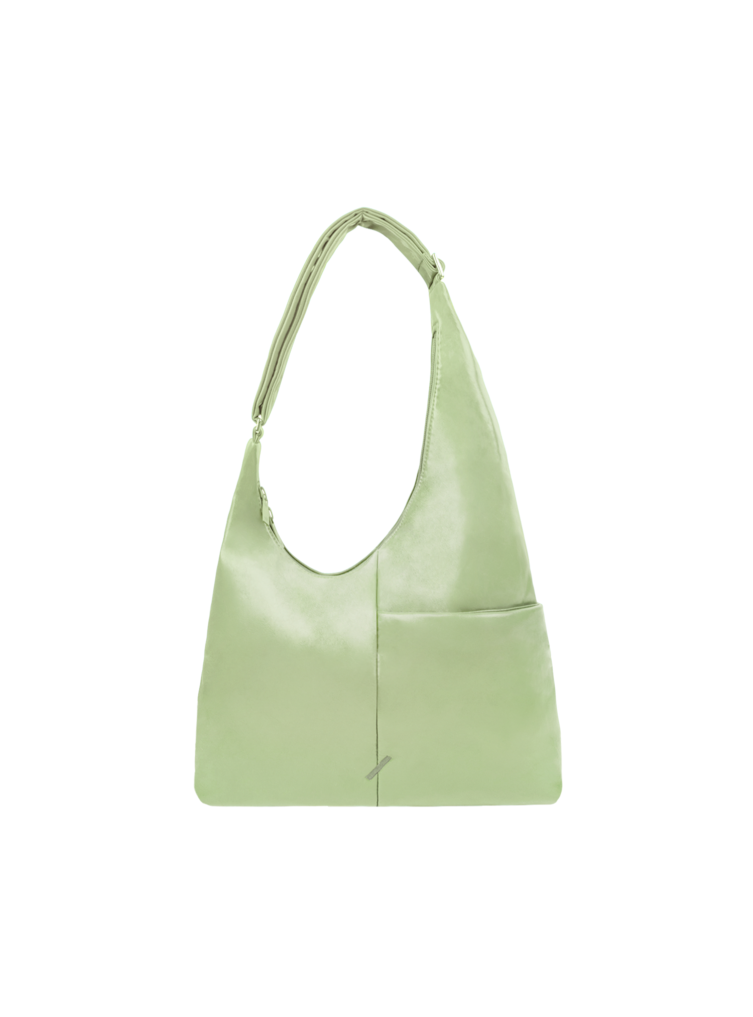 The Midi Arc slouchy hobo-style bag in pastel green vegan leather with adjustable shoulder strap