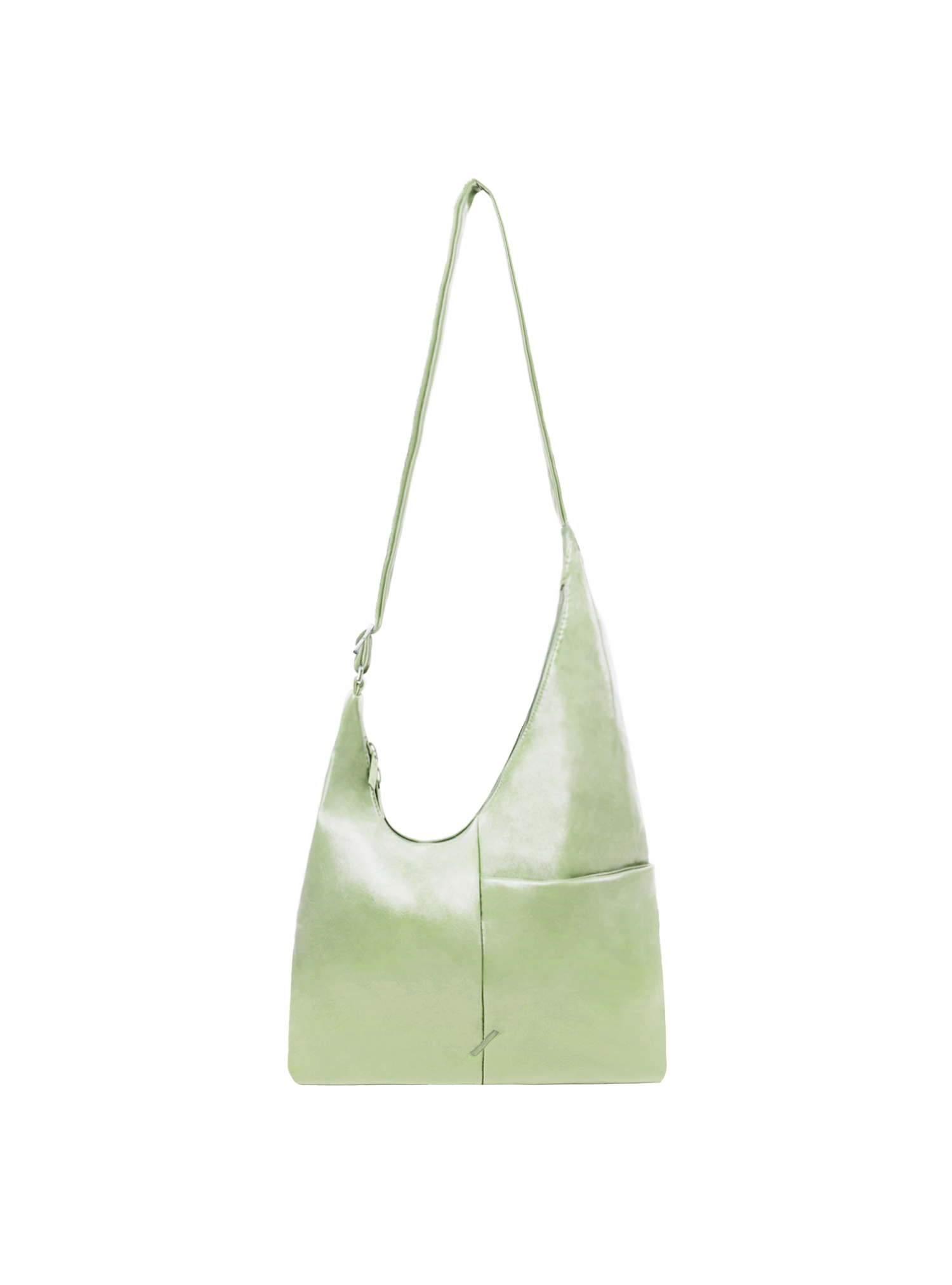 The Midi Arc slouchy hobo bag in pastel green vegan leather with adjustable strap for shoulder or crossbody wear