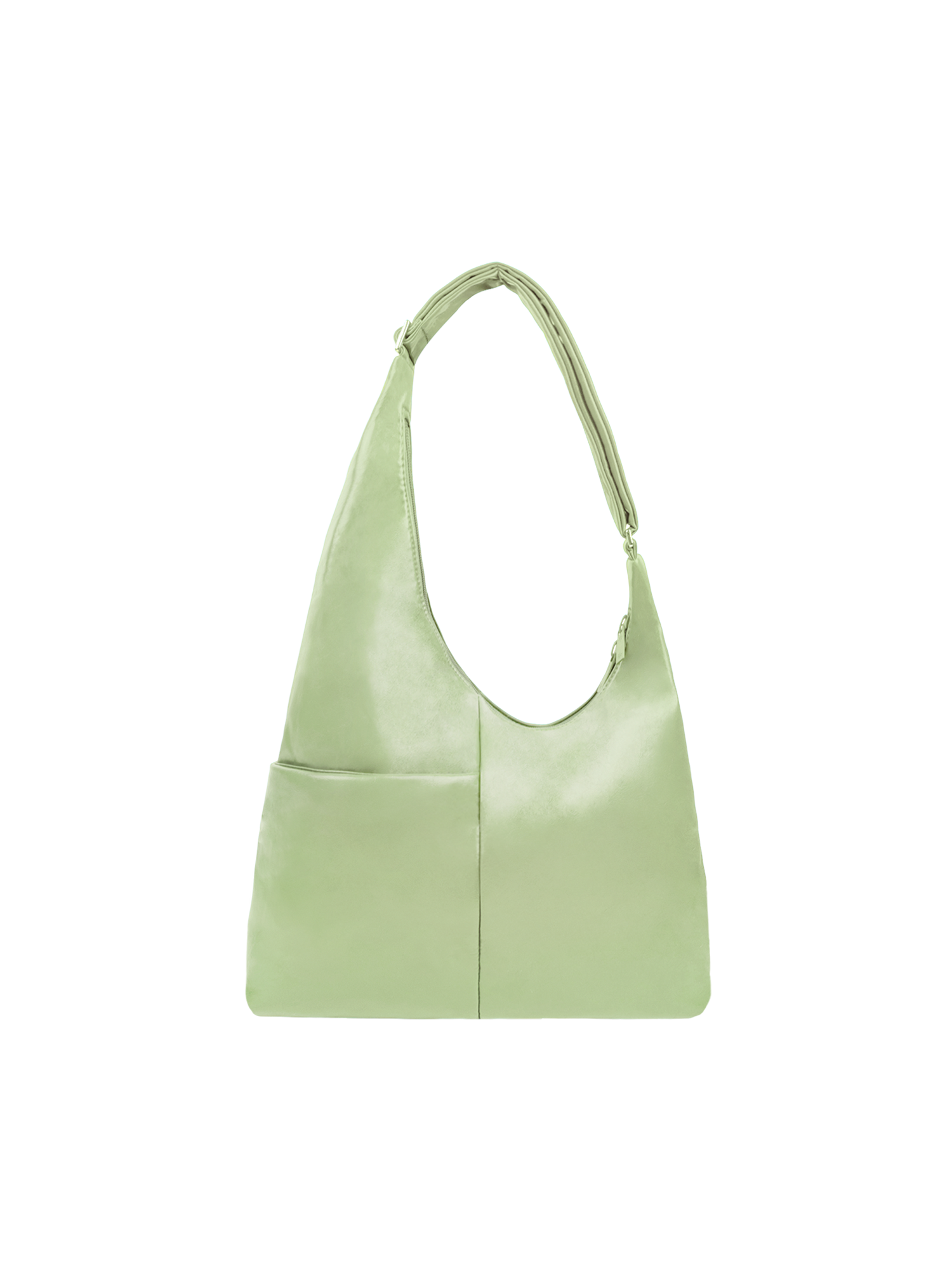 The Midi Arc slouchy hobo-style bag in pastel green vegan leather with exterior pockets