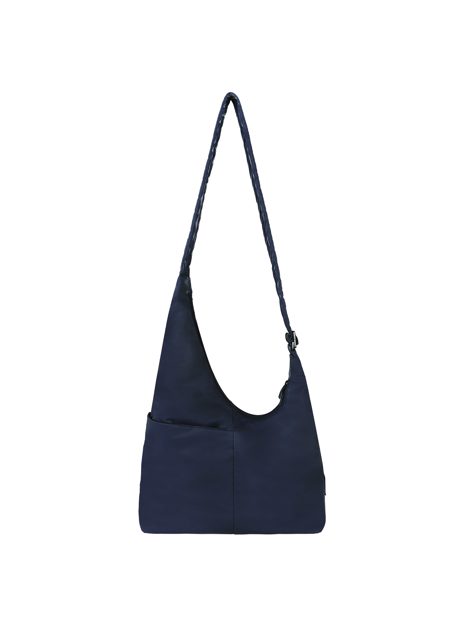 The Midi Arc slouchy hobo bag in dark navy polyester with adjustable strap for shoulder or crossbody wear