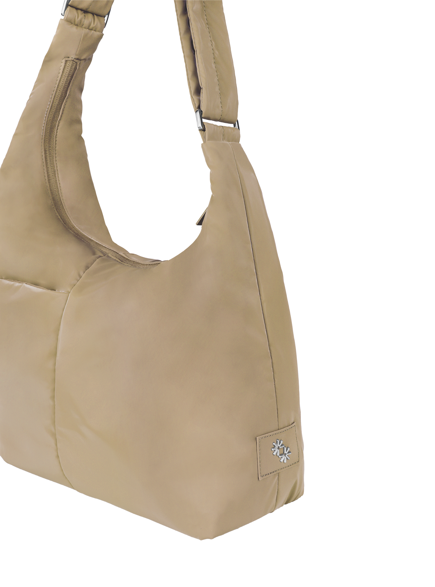 The Midi Arc slouchy hobo-style bag in camel beige polyester with adjustable shoulder strap