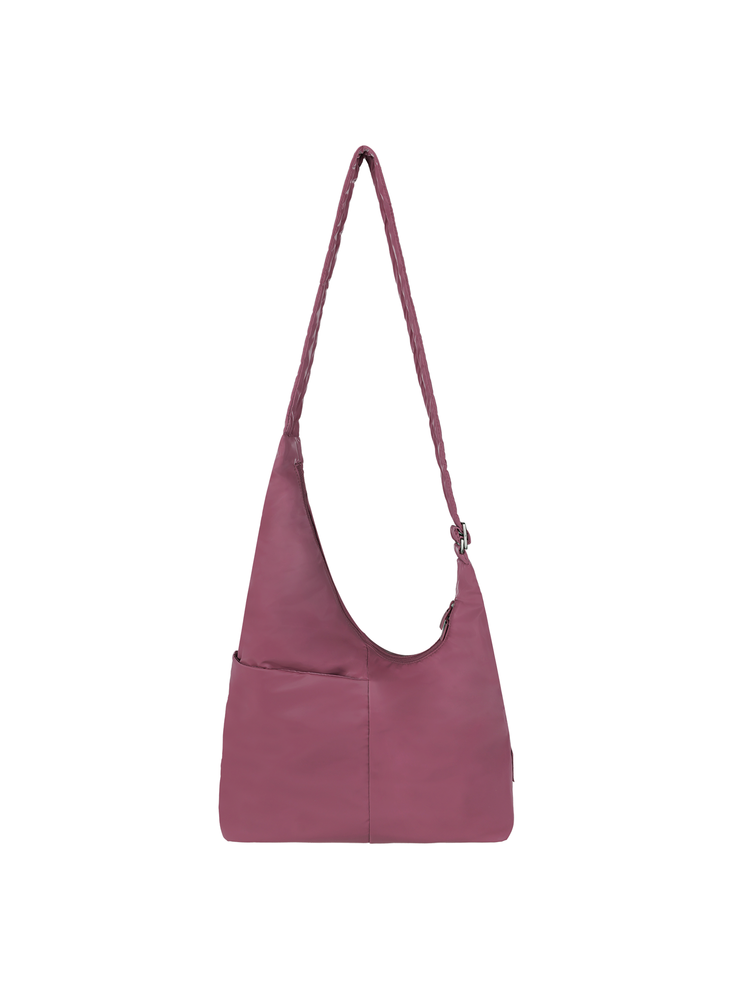 The Midi Arc slouchy hobo bag in rouge pink polyester with adjustable strap for shoulder or crossbody wear