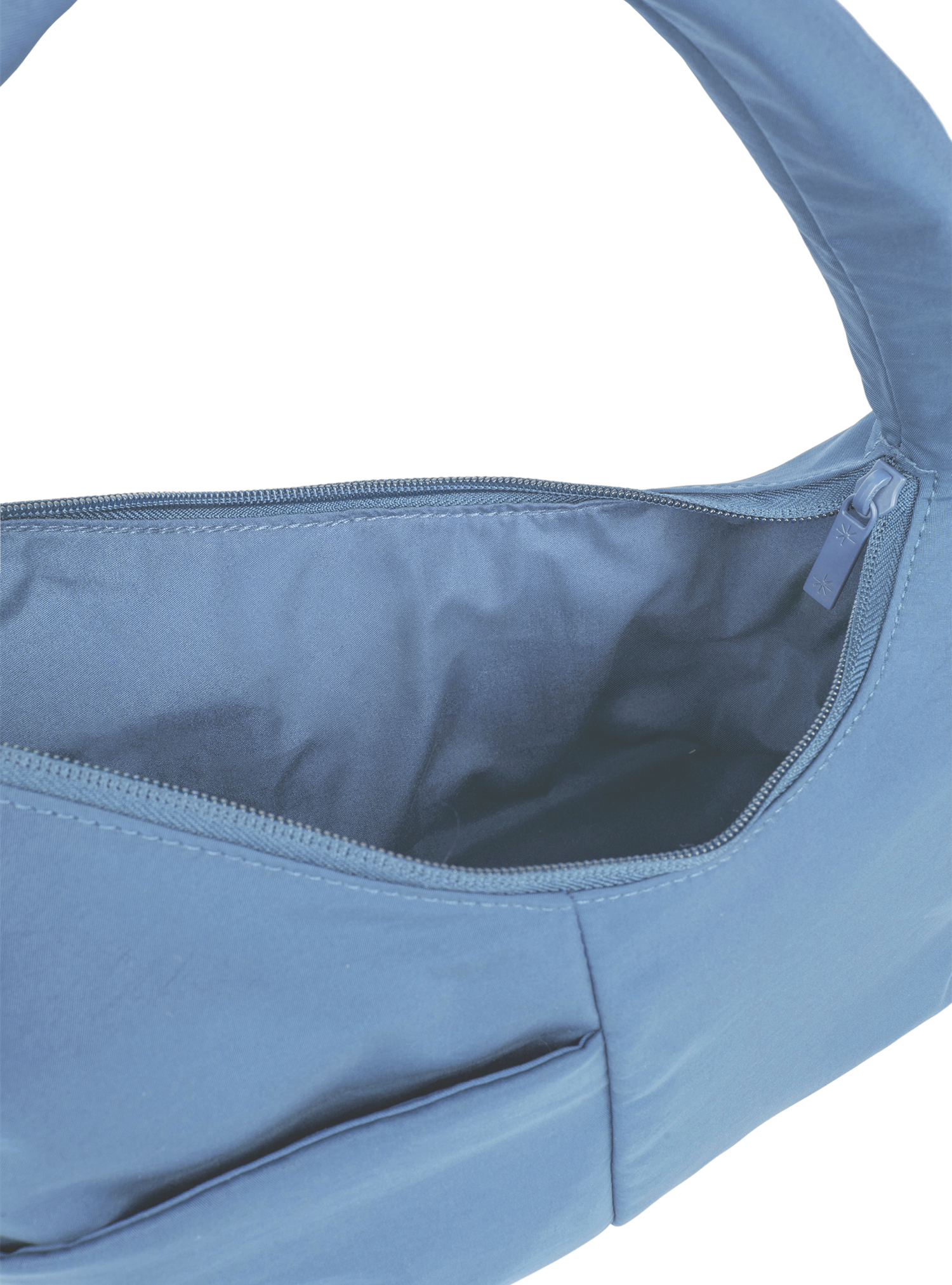 Interior of the Mini Arc hobo-style shoulder bag in grey blue nylon, with multiple pockets